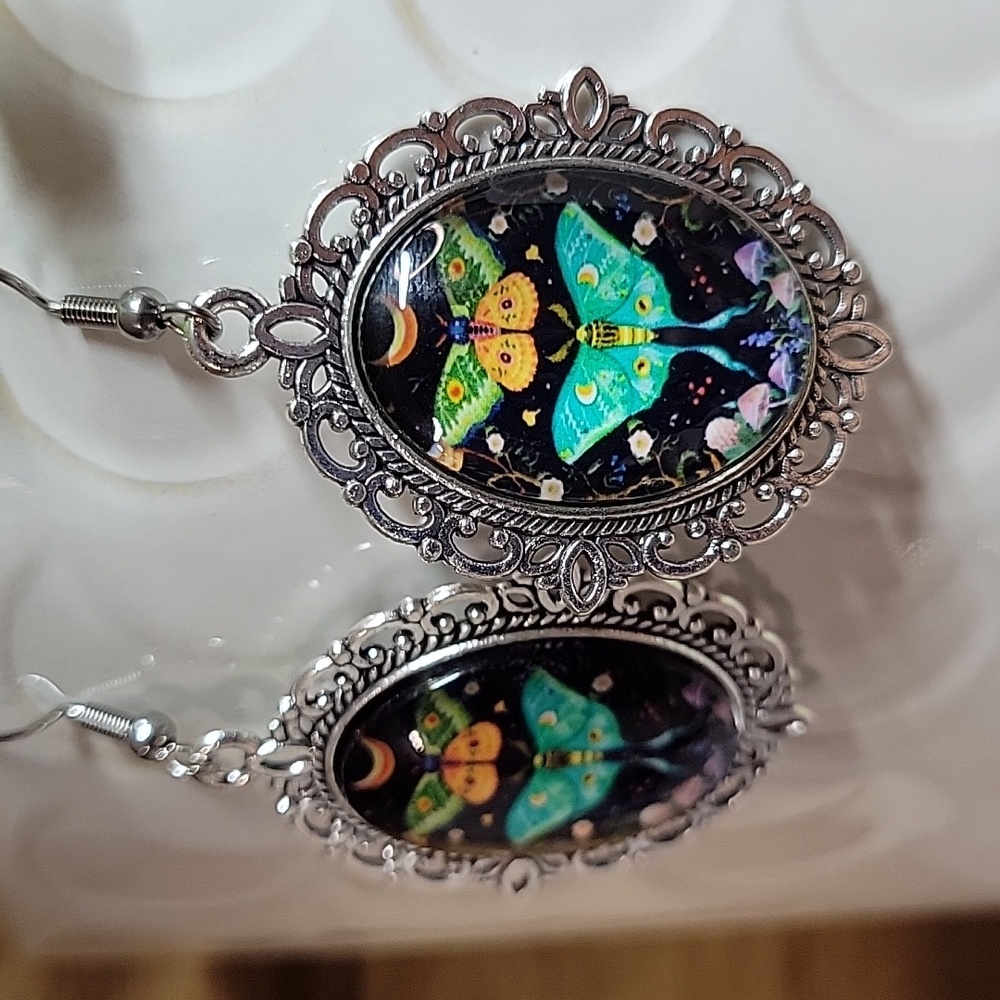 Silver Filigree Earrings with Green Moth Artwork